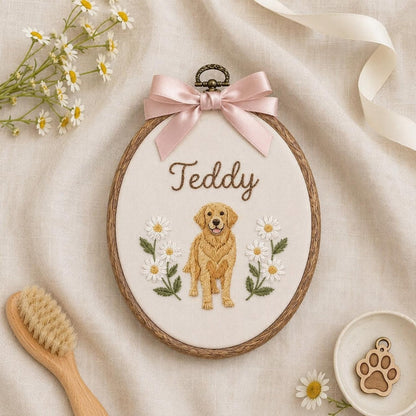 Bestickter Golden-Retriever-Stickrahmen, personalisiertes Hunde-Namensschild, Haustierporträt als Wandbild, Geschenk für Hundeliebhaber, personalisiertes Hundefoto-Andenken