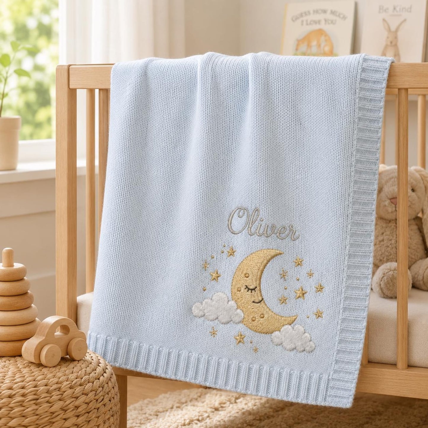 Personalisierte Strickdecke mit Mond und Sternen, individuelles Erinnerungsgeschenk fürs Babyzimmer