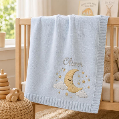 Personalisierte Strickdecke mit Mond und Sternen, individuelles Erinnerungsgeschenk fürs Babyzimmer
