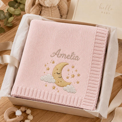 Personalisierte Strickdecke mit Mond und Sternen, individuelles Erinnerungsgeschenk fürs Babyzimmer