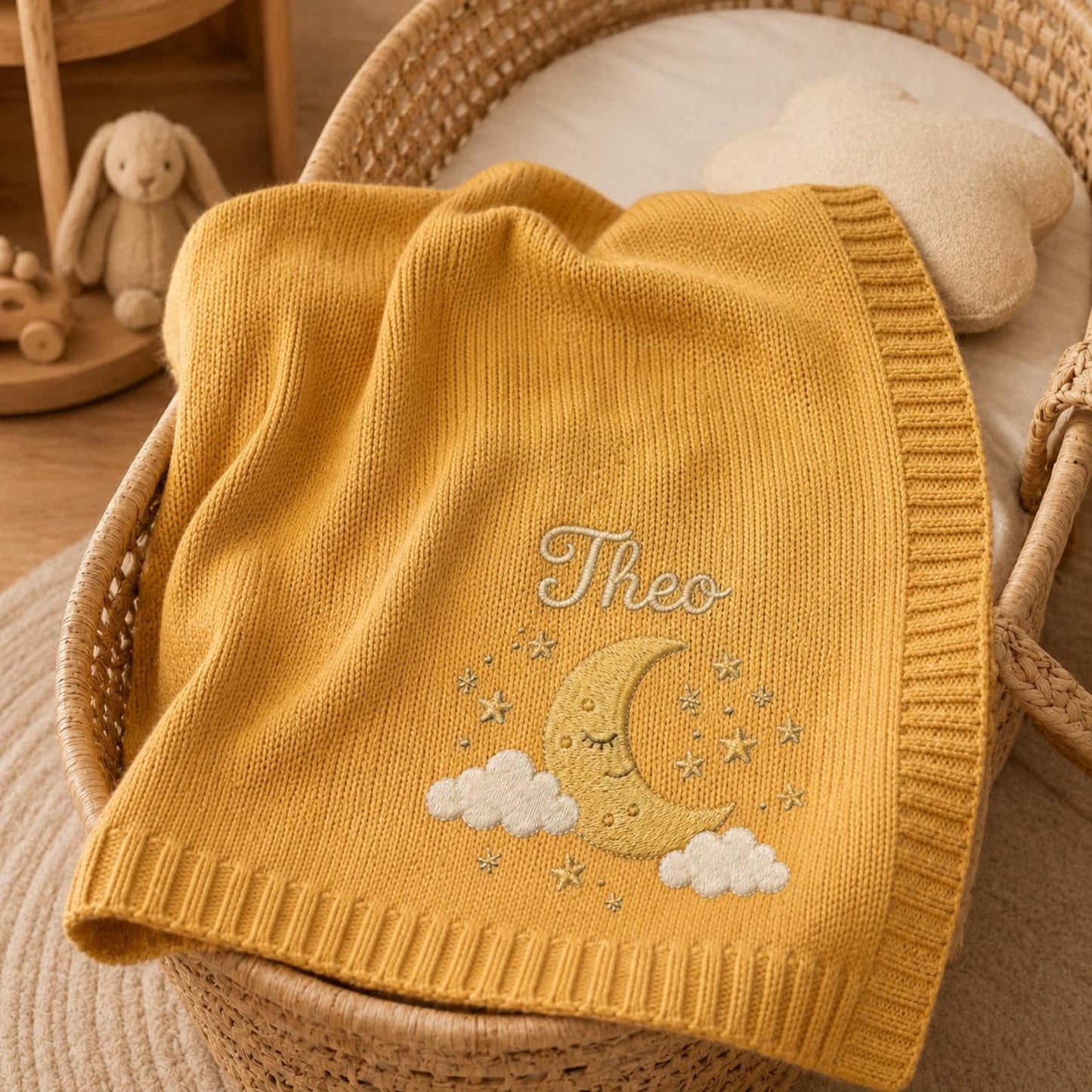 Personalisierte Strickdecke mit Mond und Sternen, individuelles Erinnerungsgeschenk fürs Babyzimmer