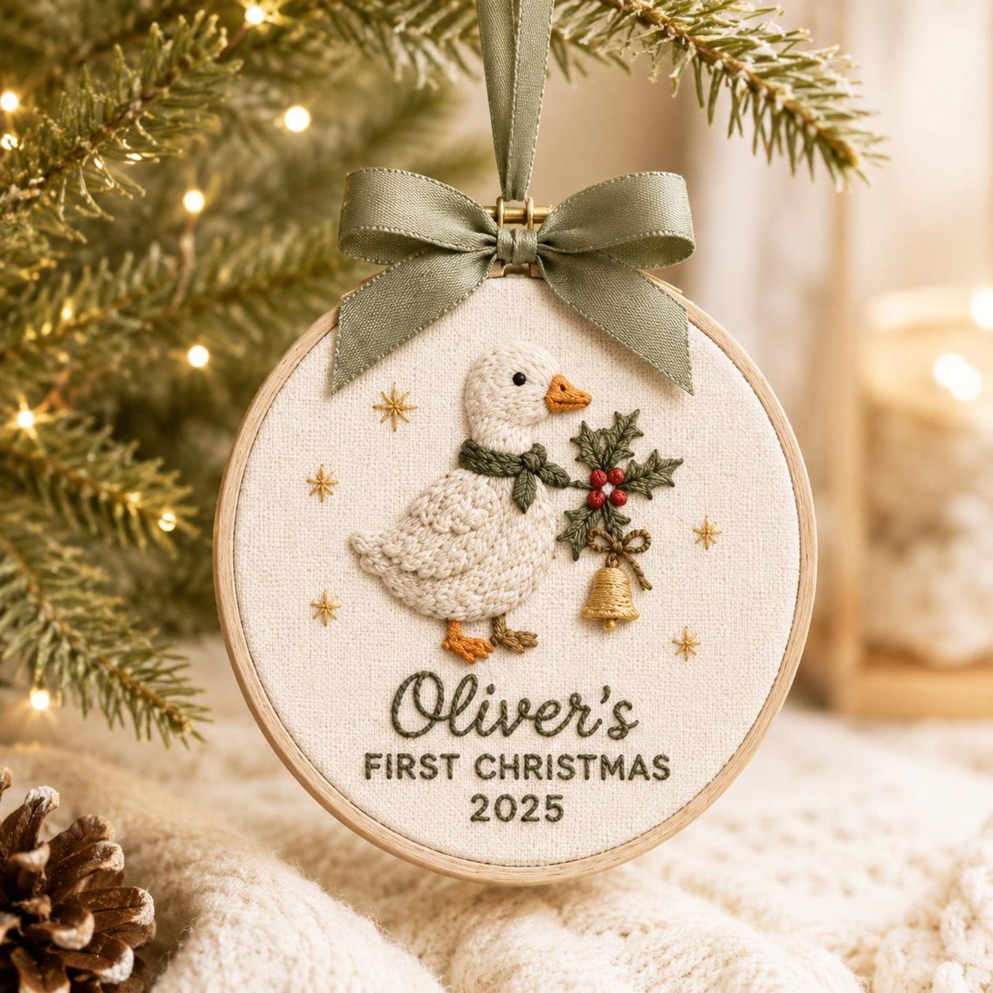Personalisierter Weihnachtsschmuck für Babys erstes Weihnachtsfest 2026, individueller Namensstickrahmen, Waldmotiv