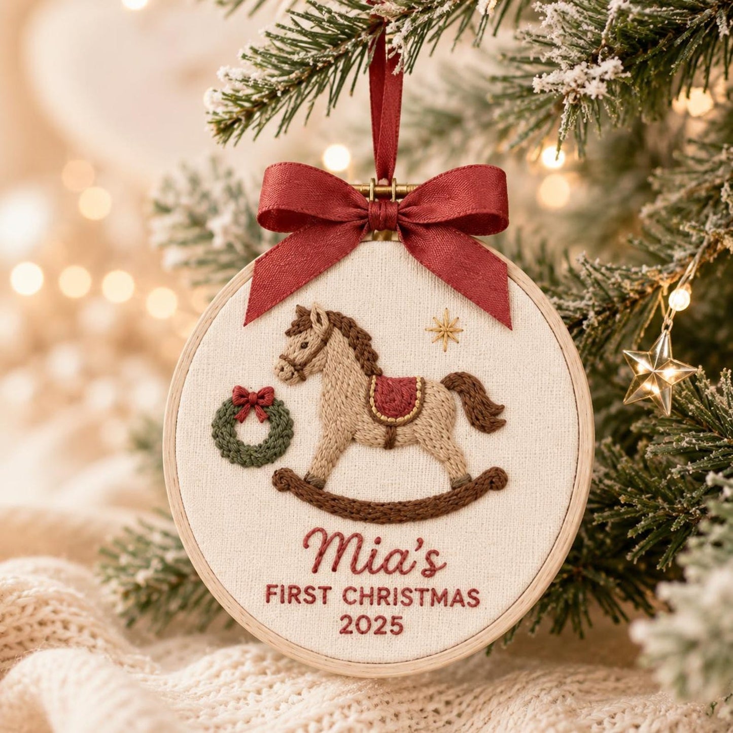Personalisierter Weihnachtsbaumschmuck „Babys erstes Weihnachtsfest 2026“, individuelle Namensstickerei im Waldmotiv
