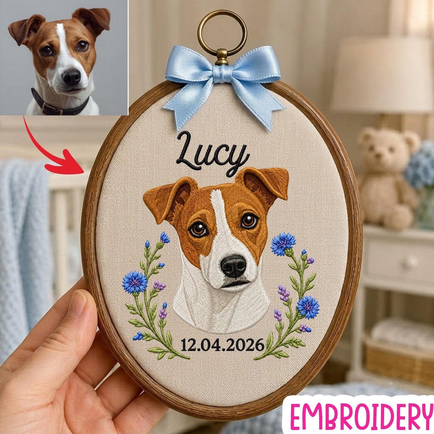Personalisierter Stickrahmen für ein Haustierporträt, Erinnerungsstück mit individuellem Hunde- oder Katzennamen, florales Haustier-Gedenkgeschenk, Dekoration für Tierliebhaber