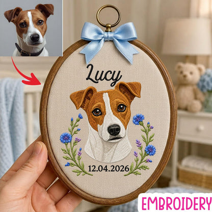 Personalisierter Stickrahmen für ein Haustierporträt, Erinnerungsstück mit individuellem Hunde- oder Katzennamen, florales Haustier-Gedenkgeschenk, Dekoration für Tierliebhaber