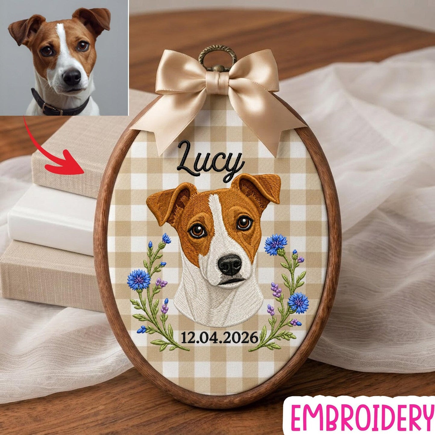 Personalisierter Stickrahmen für ein Haustierporträt, Erinnerungsstück mit individuellem Hunde- oder Katzennamen, florales Haustier-Gedenkgeschenk, Dekoration für Tierliebhaber