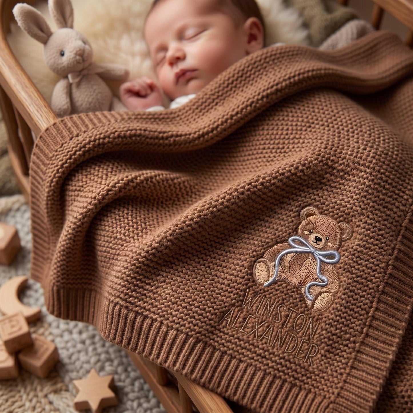 Personalisierte, bestickte Teddybär-Babydecke mit Namen – Individuell gestricktes Geschenk zur Geburt, Geschenk fürs Baby, Erinnerungsstück fürs Kinderzimmer, Geschenk zur Geburt