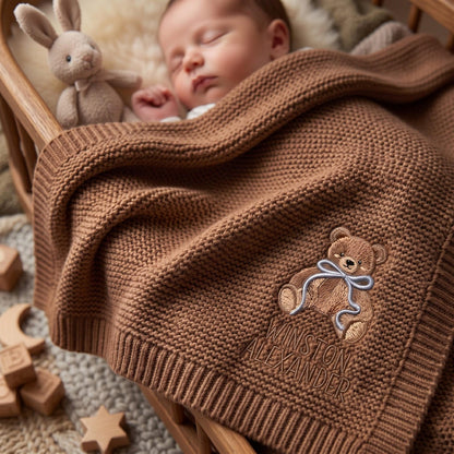 Personalisierte, bestickte Teddybär-Babydecke mit Namen – Individuell gestricktes Geschenk zur Geburt, Geschenk fürs Baby, Erinnerungsstück fürs Kinderzimmer, Geschenk zur Geburt