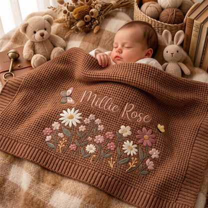Personalisierte Babydecke mit Blumenstickerei – Strickdecke mit individuellem Namen, Willkommensdecke für Babys, Erinnerungsstück fürs Kinderzimmer, Erinnerungsstück für Neugeborene
