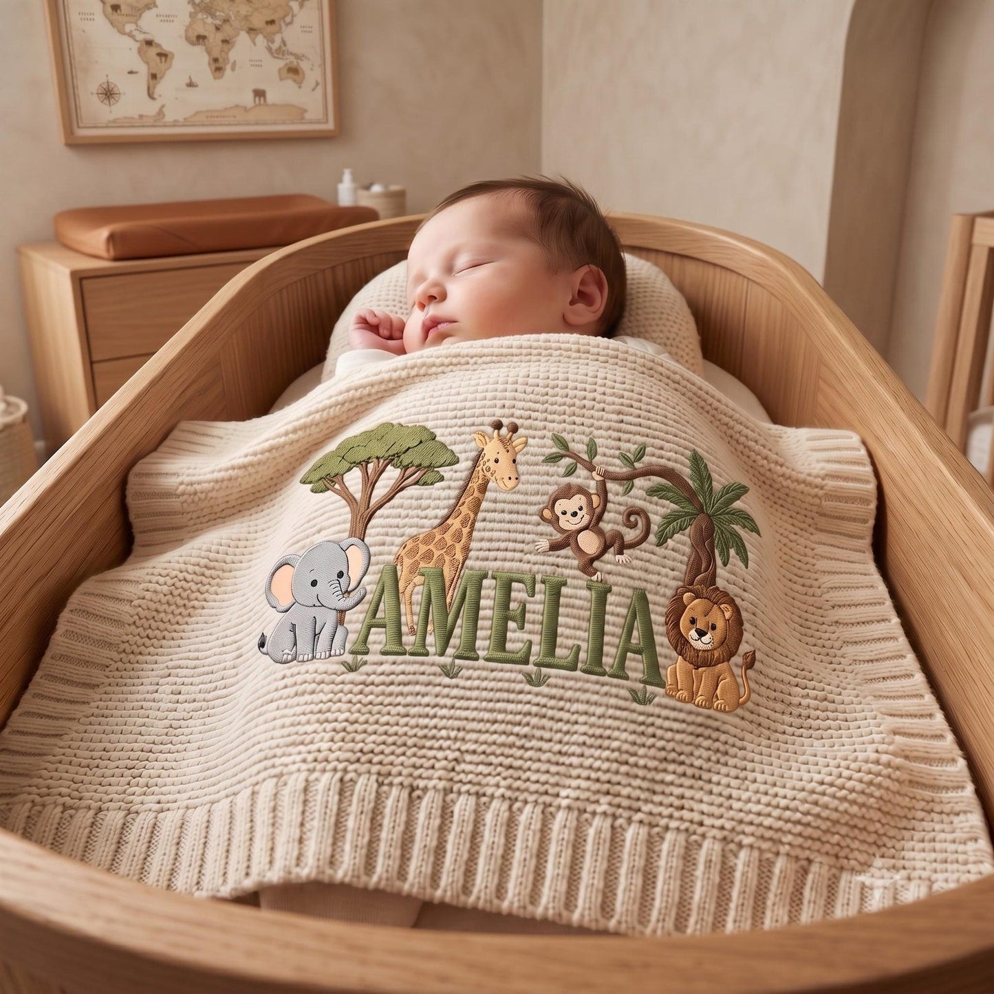 Personalisierte Babydecke mit Löwenstickerei und Namen – Individuell gestaltete Giraffen-Safari-Strickdecke als Geschenk für Neugeborene, Geschenk für Jungen, Willkommensdecke für Babys