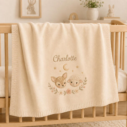 Personalisierte Baby-Strickdecke mit Namen, gesticktes Reh-Lamm-Waldmotiv – Erinnerungsstück fürs Kinderzimmer