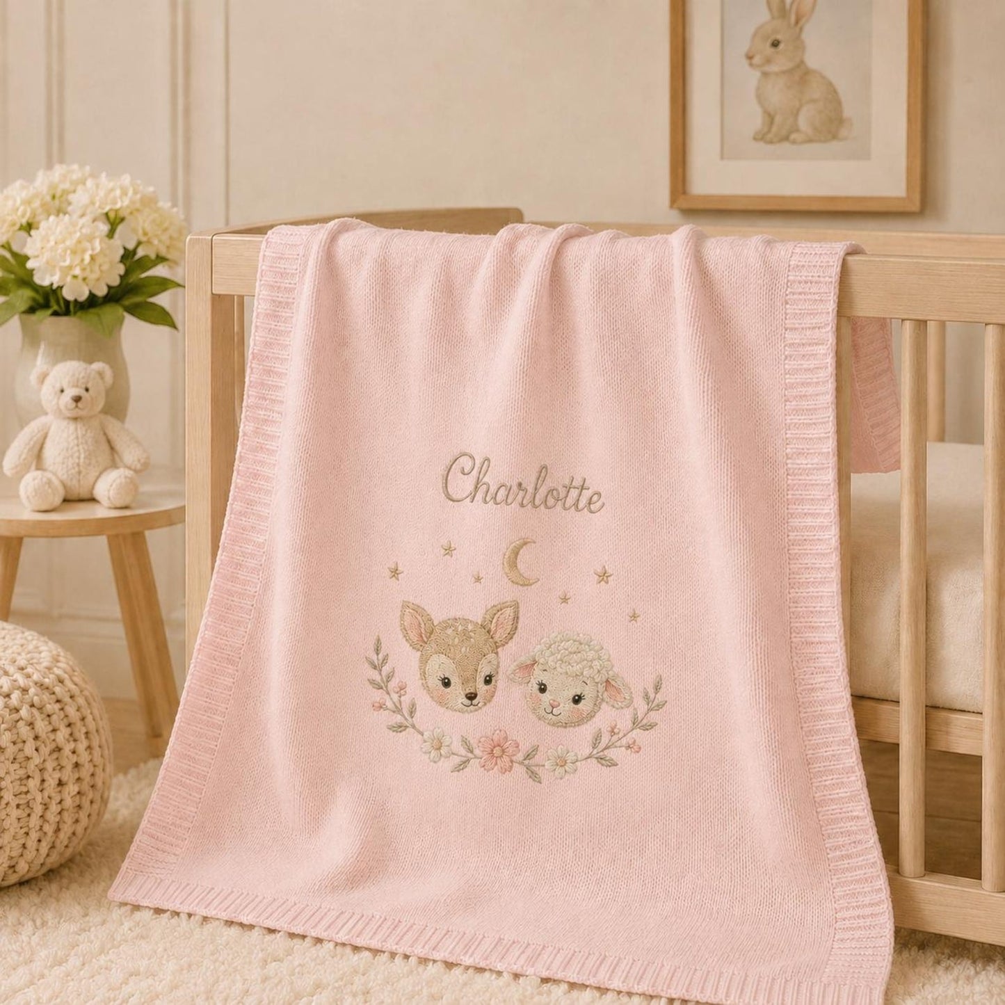 Personalisierte Baby-Strickdecke mit Namen, gesticktes Reh-Lamm-Waldmotiv – Erinnerungsstück fürs Kinderzimmer