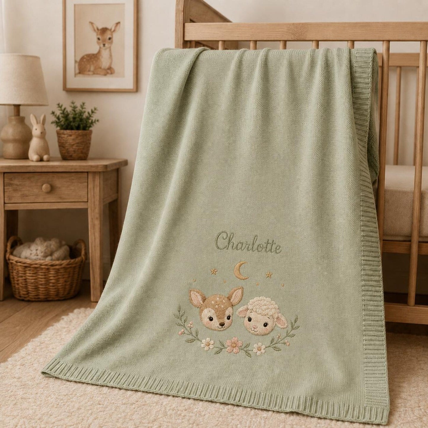 Personalisierte Baby-Strickdecke mit Namen, gesticktes Reh-Lamm-Waldmotiv – Erinnerungsstück fürs Kinderzimmer