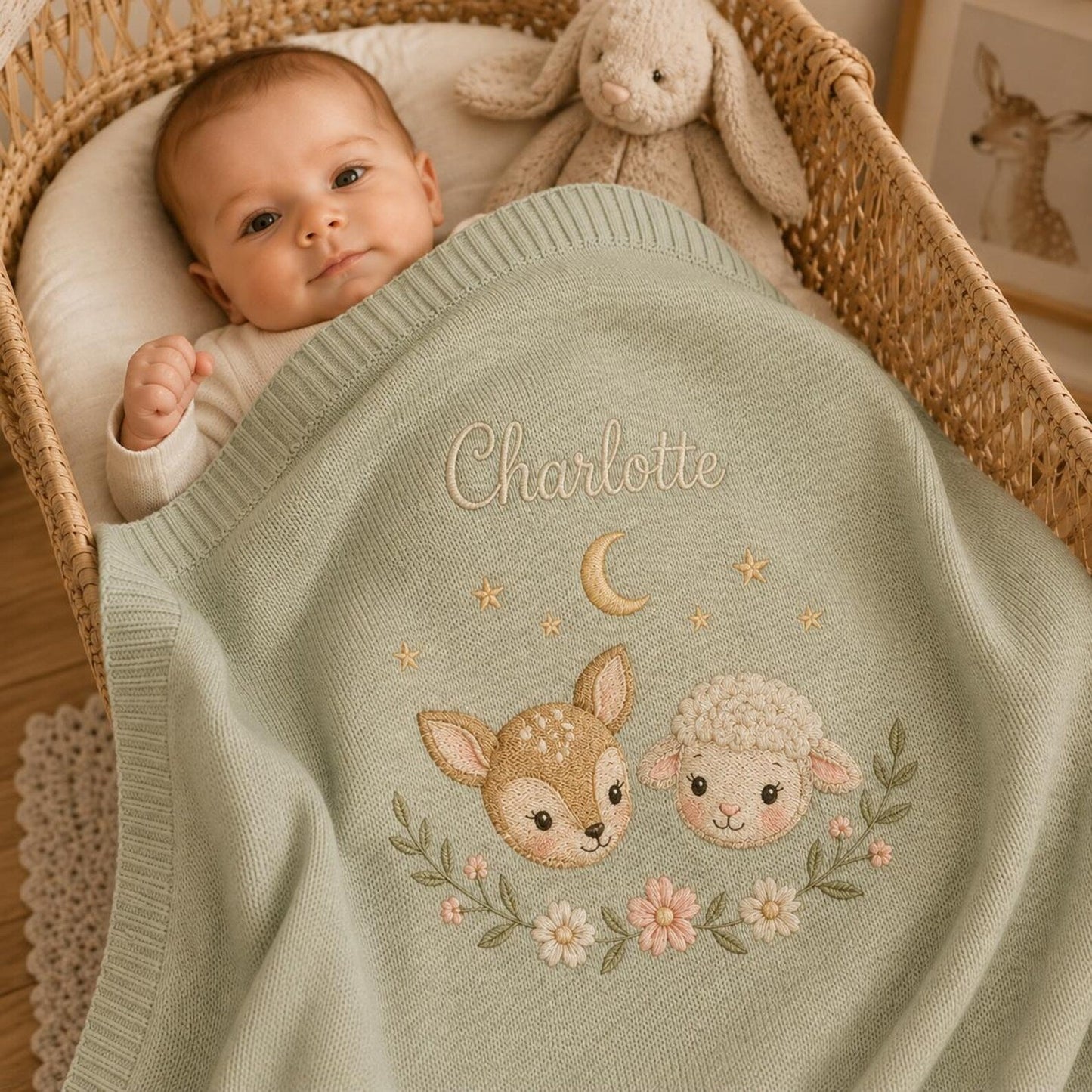 Personalisierte Baby-Strickdecke mit Namen, gesticktes Reh-Lamm-Waldmotiv – Erinnerungsstück fürs Kinderzimmer