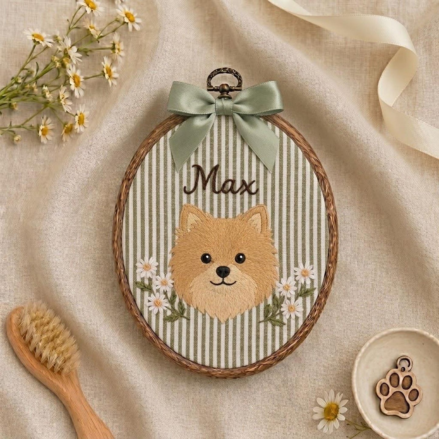 Bestickter, individueller Blumen-Hunde-Stickrahmen, personalisiertes Namensschild für Pomeranian, Yorkshire Terrier und Dackel, Geschenk für Hundeliebhaber, handgefertigtes Geschenk, Einzugsgeschenk
