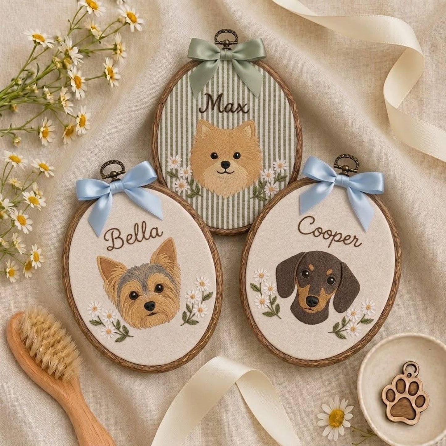 Bestickter, individueller Blumen-Hunde-Stickrahmen, personalisiertes Namensschild für Pomeranian, Yorkshire Terrier und Dackel, Geschenk für Hundeliebhaber, handgefertigtes Geschenk, Einzugsgeschenk