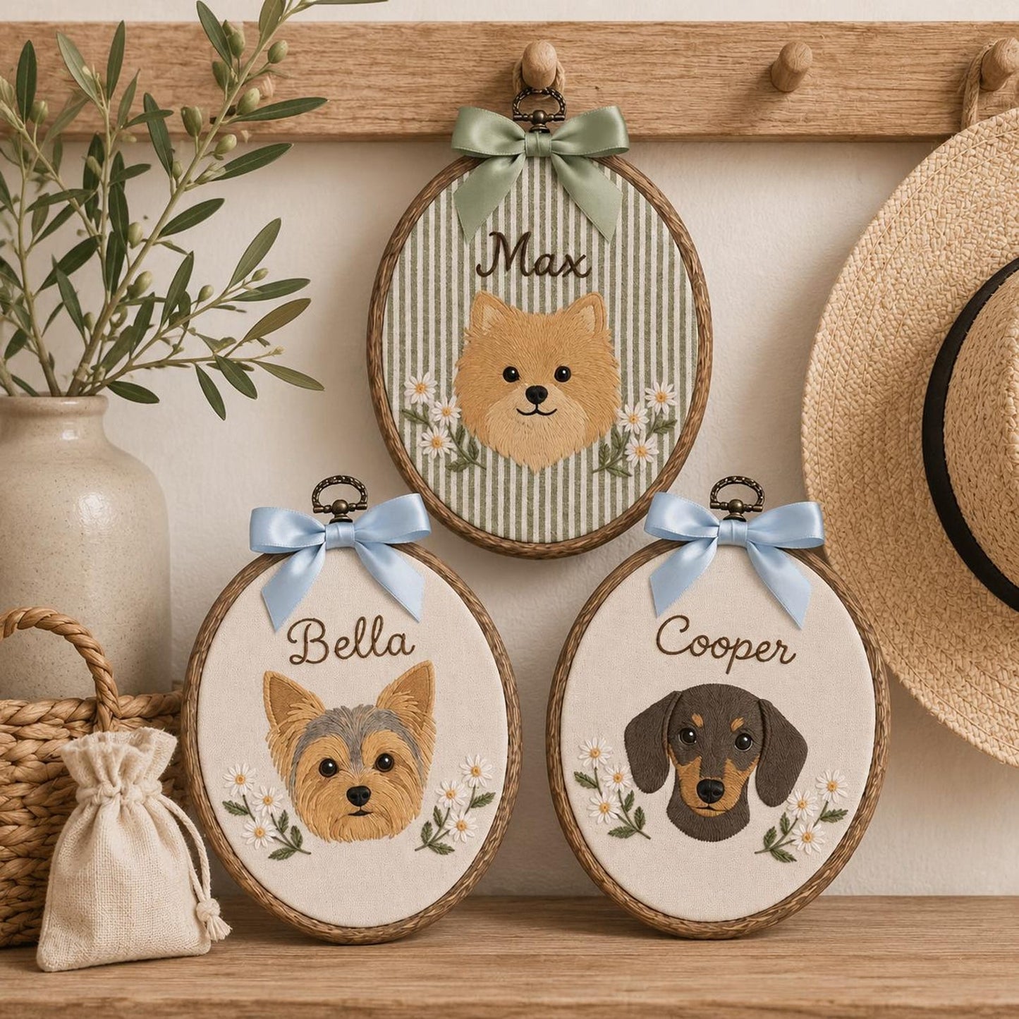 Bestickter, individueller Blumen-Hunde-Stickrahmen, personalisiertes Namensschild für Pomeranian, Yorkshire Terrier und Dackel, Geschenk für Hundeliebhaber, handgefertigtes Geschenk, Einzugsgeschenk