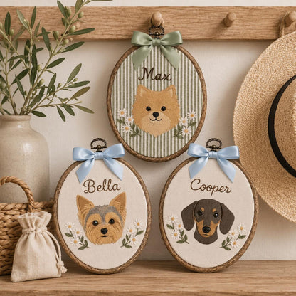 Bestickter, individueller Blumen-Hunde-Stickrahmen, personalisiertes Namensschild für Pomeranian, Yorkshire Terrier und Dackel, Geschenk für Hundeliebhaber, handgefertigtes Geschenk, Einzugsgeschenk