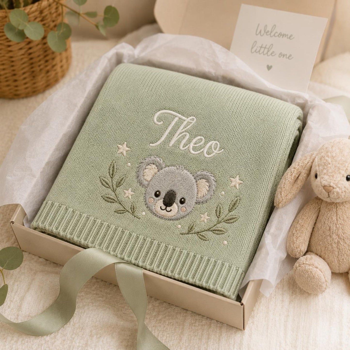 Personalisierte Koala-Babydecke, individuell gestricktes Erinnerungsgeschenk mit Namen zur Babyparty