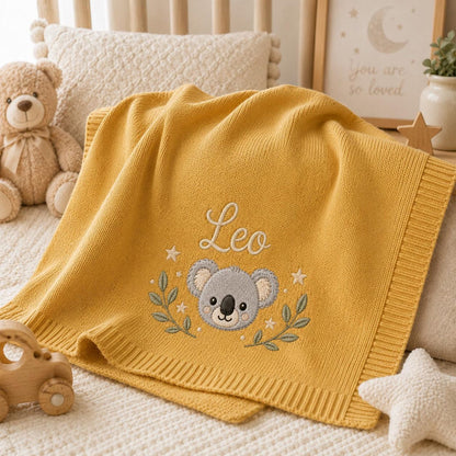 Personalisierte Koala-Babydecke, individuell gestricktes Erinnerungsgeschenk mit Namen zur Babyparty