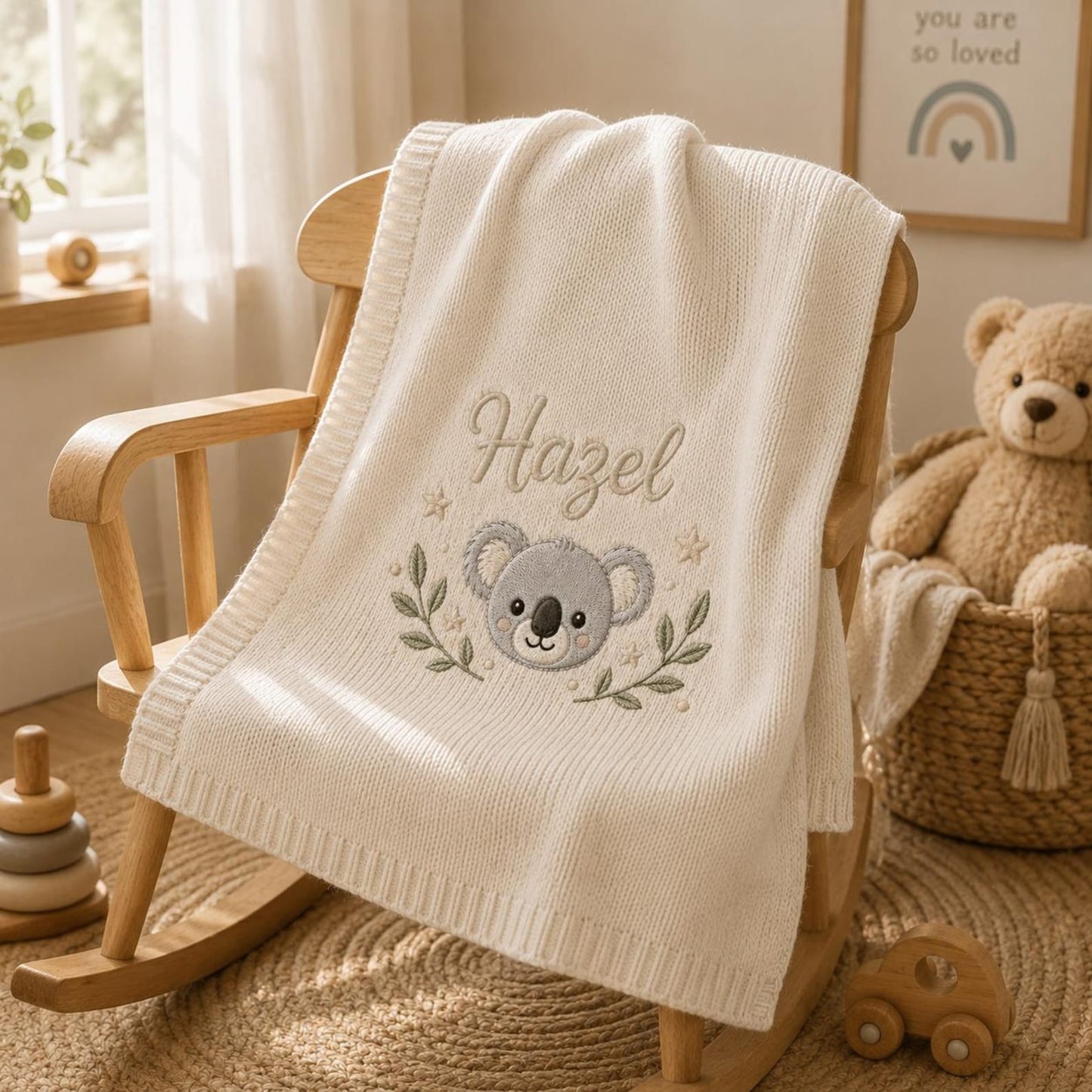 Personalisierte Koala-Babydecke, individuell gestricktes Erinnerungsgeschenk mit Namen zur Babyparty