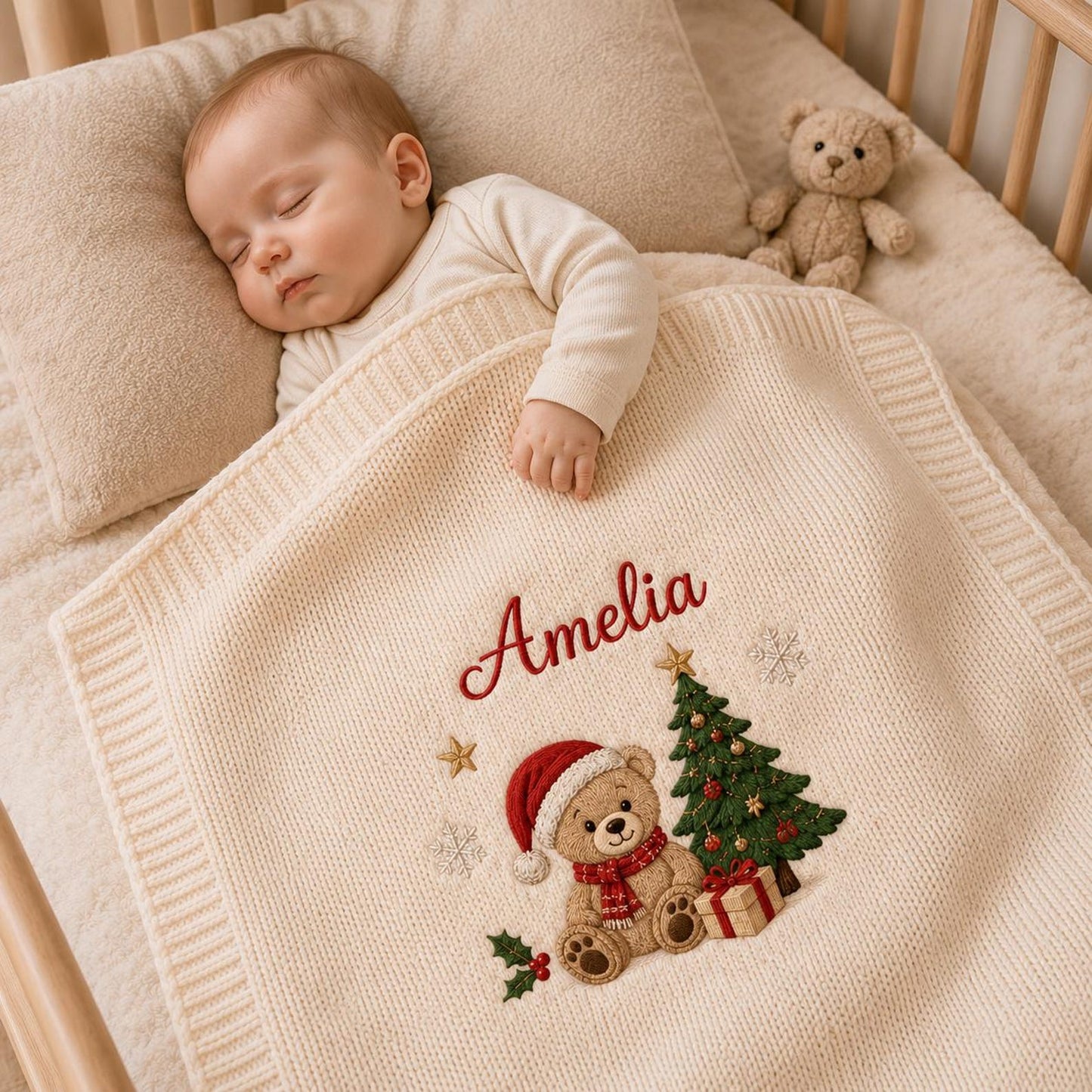 Personalisierte Weihnachtsstrickdecke, bestickte Festtagsdecke mit individuellem Namen, Teddybär-Erinnerungsstück