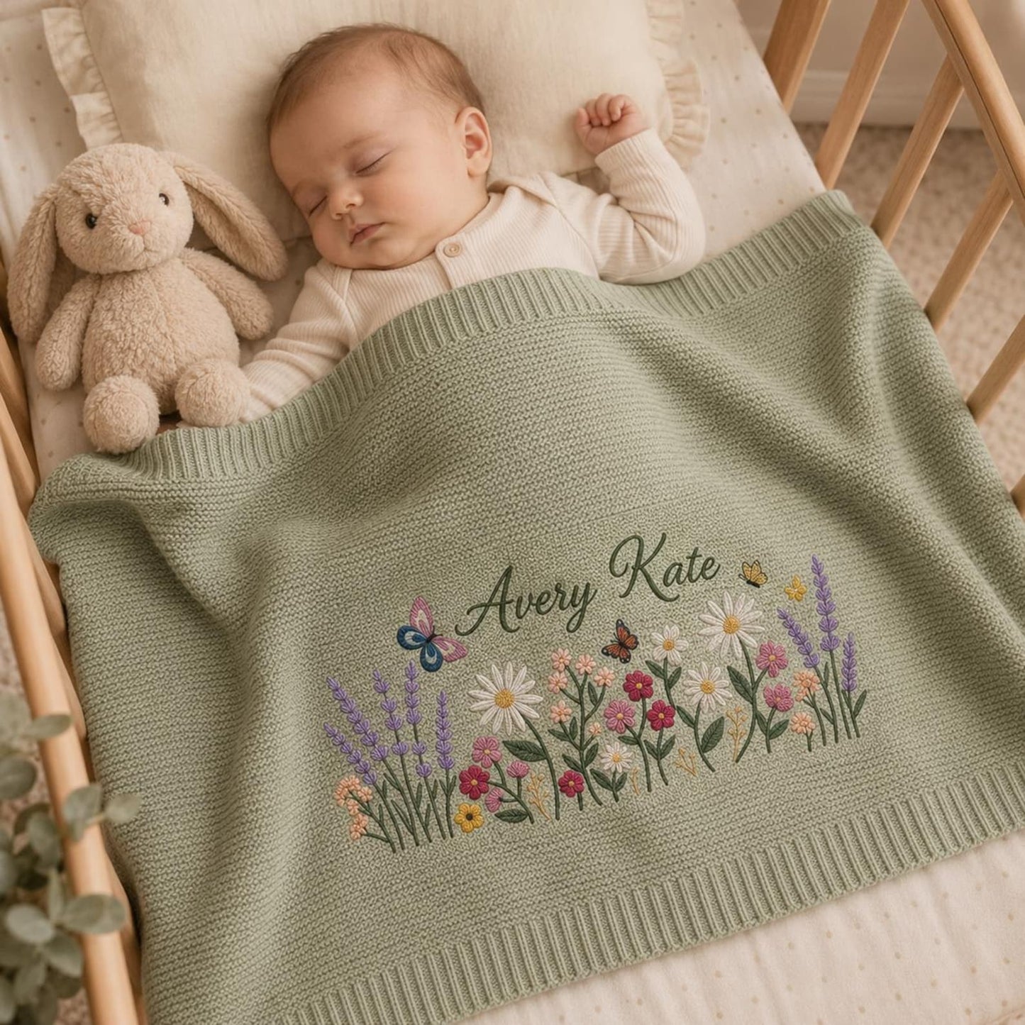 Personalisierte Babydecke mit Blumenstickerei, Strickdecke mit individuellem Namen, Willkommen Baby, Babydecke mit Wildblumen- und Schmetterlingsmotiv, Geschenk zur Babyparty