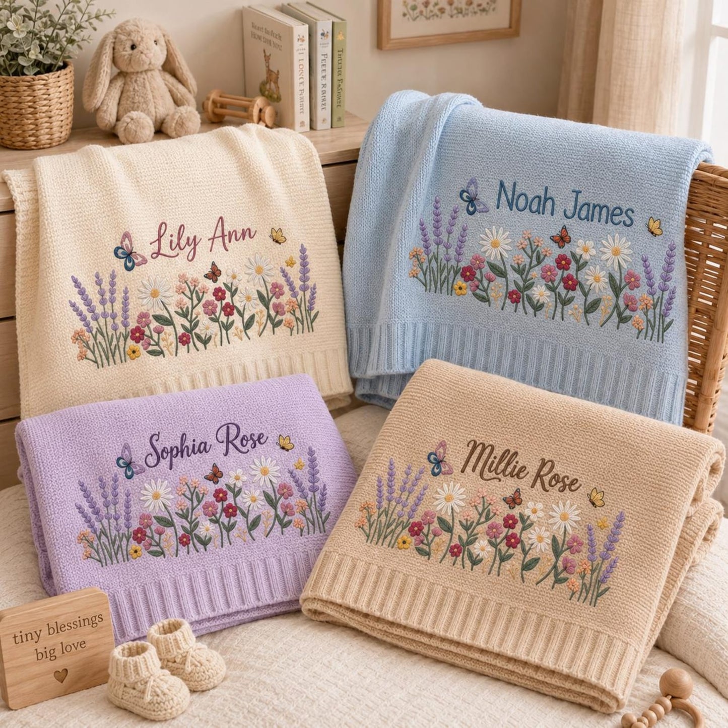 Personalisierte Babydecke mit Blumenstickerei, Strickdecke mit individuellem Namen, Willkommen Baby, Babydecke mit Wildblumen- und Schmetterlingsmotiv, Geschenk zur Babyparty