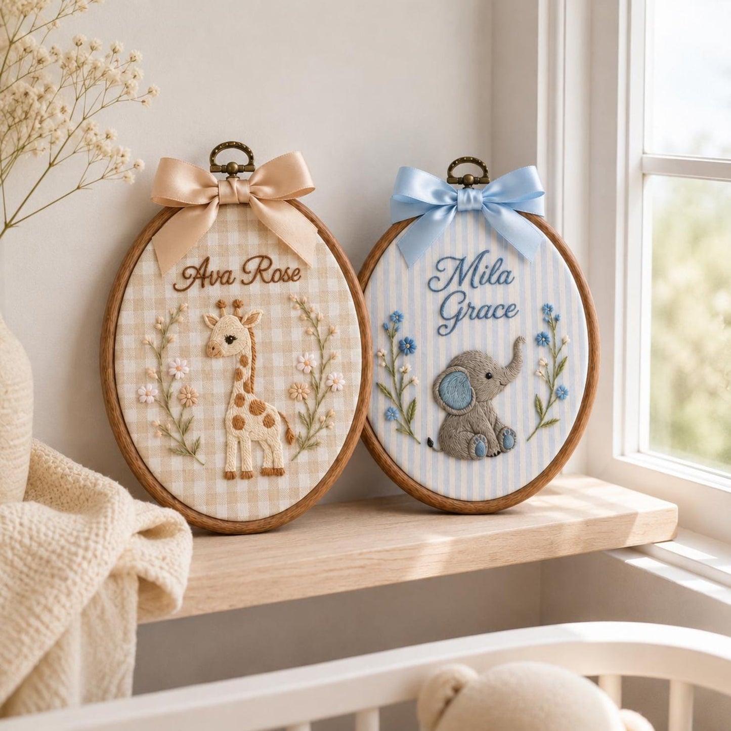 Besticktes Namensschild mit Tiermotiv fürs Baby, personalisierter Safari-Stickrahmen fürs Kinderzimmer, Wandbild mit Giraffe, Löwe und Elefant, Geschenk zur Babyparty