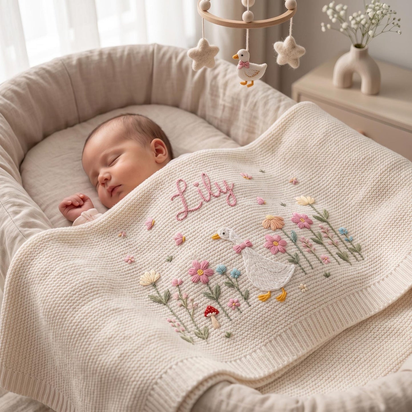 Personalisierte, bestickte Gänse-Babydecke mit Namen – Individuell gestaltetes, gestricktes Geschenk mit Blumenmuster für Neugeborene, Geschenk für Babys, Erinnerungsgeschenk für Babys