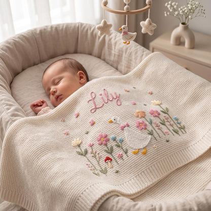Personalisierte, bestickte Gänse-Babydecke mit Namen – Individuell gestaltetes, gestricktes Geschenk mit Blumenmuster für Neugeborene, Geschenk für Babys, Erinnerungsgeschenk für Babys