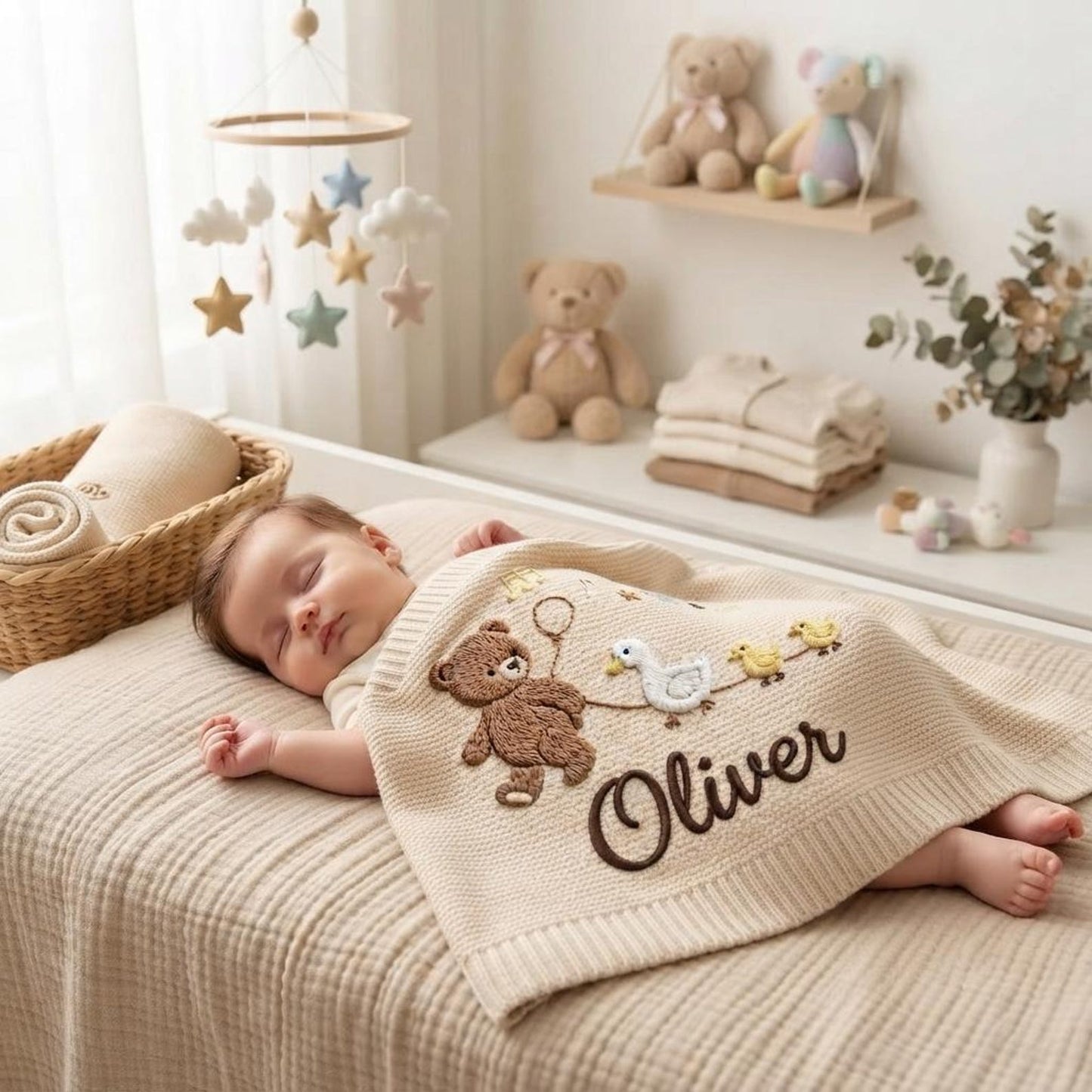 Personalisierte Teddybär-Babydecke, bestickte Namensdecke, Enten-Babygeschenk, individuelles Geschenk zur Geburt, Geschenk zur Babyparty