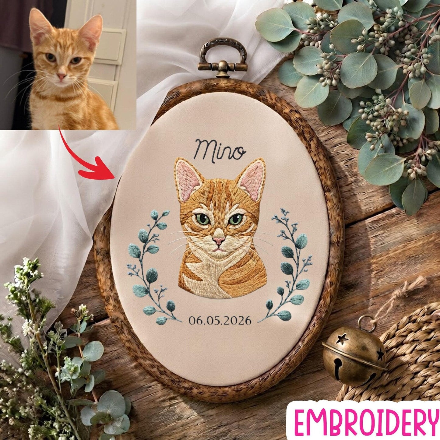Personalisierter Stickrahmen für ein Haustierporträt, Erinnerungsstück mit individuellem Hunde- oder Katzennamen, florales Haustier-Gedenkgeschenk, Dekoration für Tierliebhaber