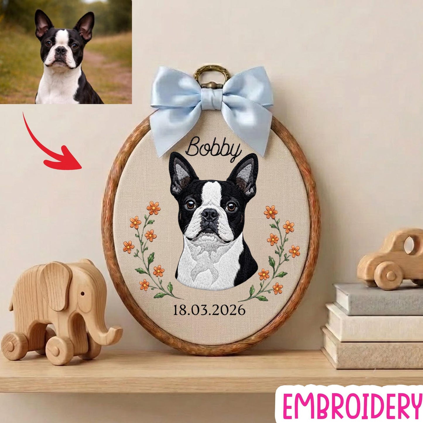 Personalisierter Stickrahmen für ein Haustierporträt, Erinnerungsstück mit individuellem Hunde- oder Katzennamen, florales Haustier-Gedenkgeschenk, Dekoration für Tierliebhaber