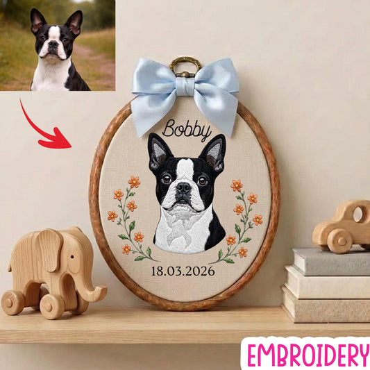 Personalisierter Stickrahmen für ein Haustierporträt, Erinnerungsstück mit individuellem Hunde- oder Katzennamen, florales Haustier-Gedenkgeschenk, Dekoration für Tierliebhaber