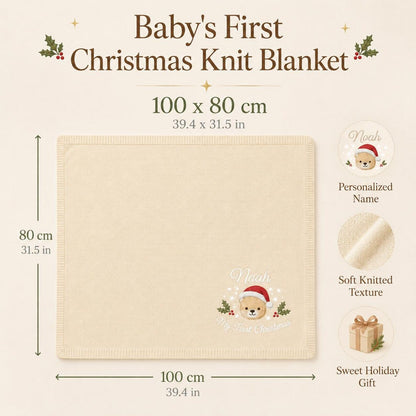 Personalisierte Weihnachtsstrickdecke mit Teddybärstickerei und Namen
