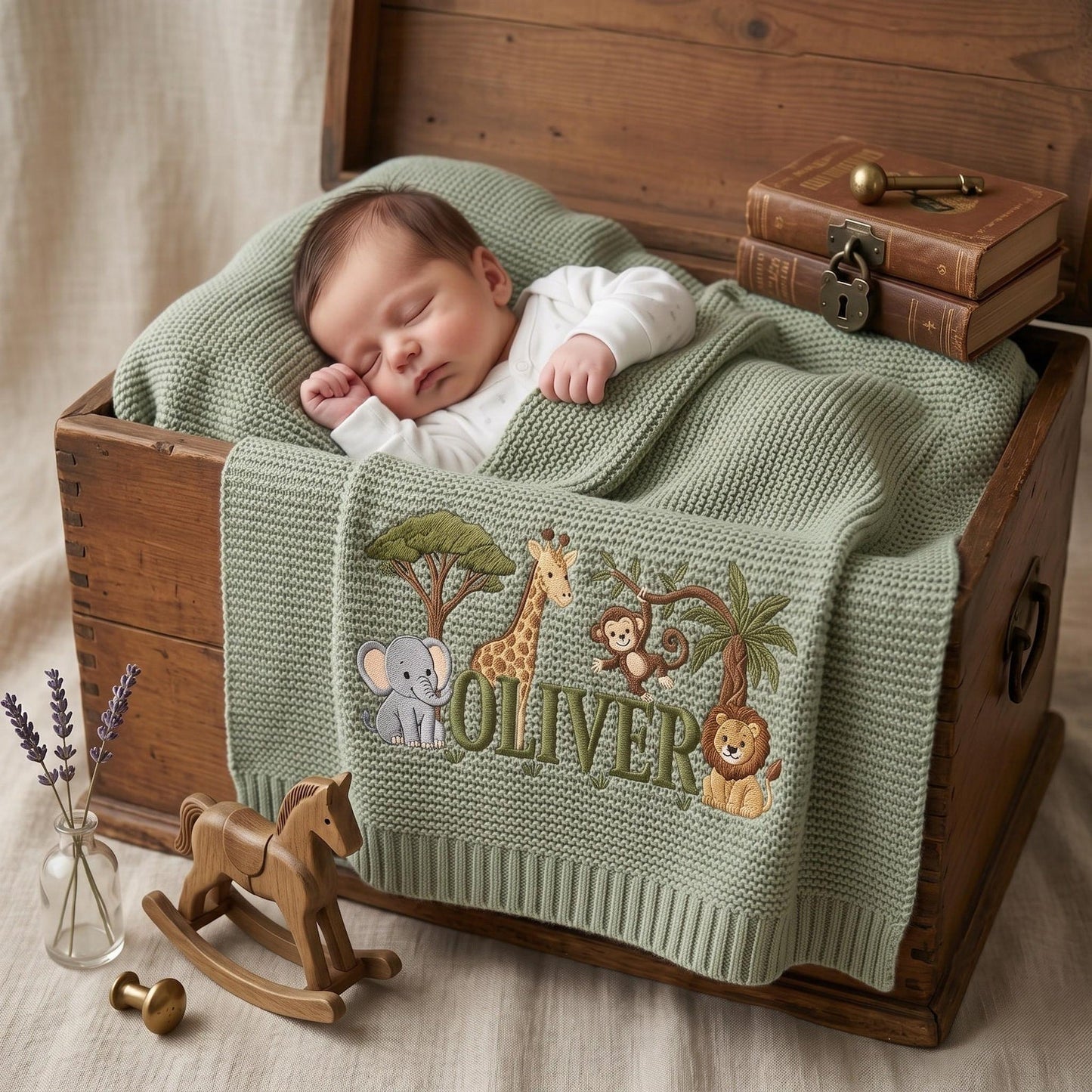 Personalisierte Babydecke mit Löwenstickerei und Namen – Individuell gestaltete Giraffen-Safari-Strickdecke als Geschenk für Neugeborene, Geschenk für Jungen, Willkommensdecke für Babys