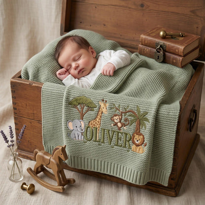 Personalisierte Babydecke mit Löwenstickerei und Namen – Individuell gestaltete Giraffen-Safari-Strickdecke als Geschenk für Neugeborene, Geschenk für Jungen, Willkommensdecke für Babys