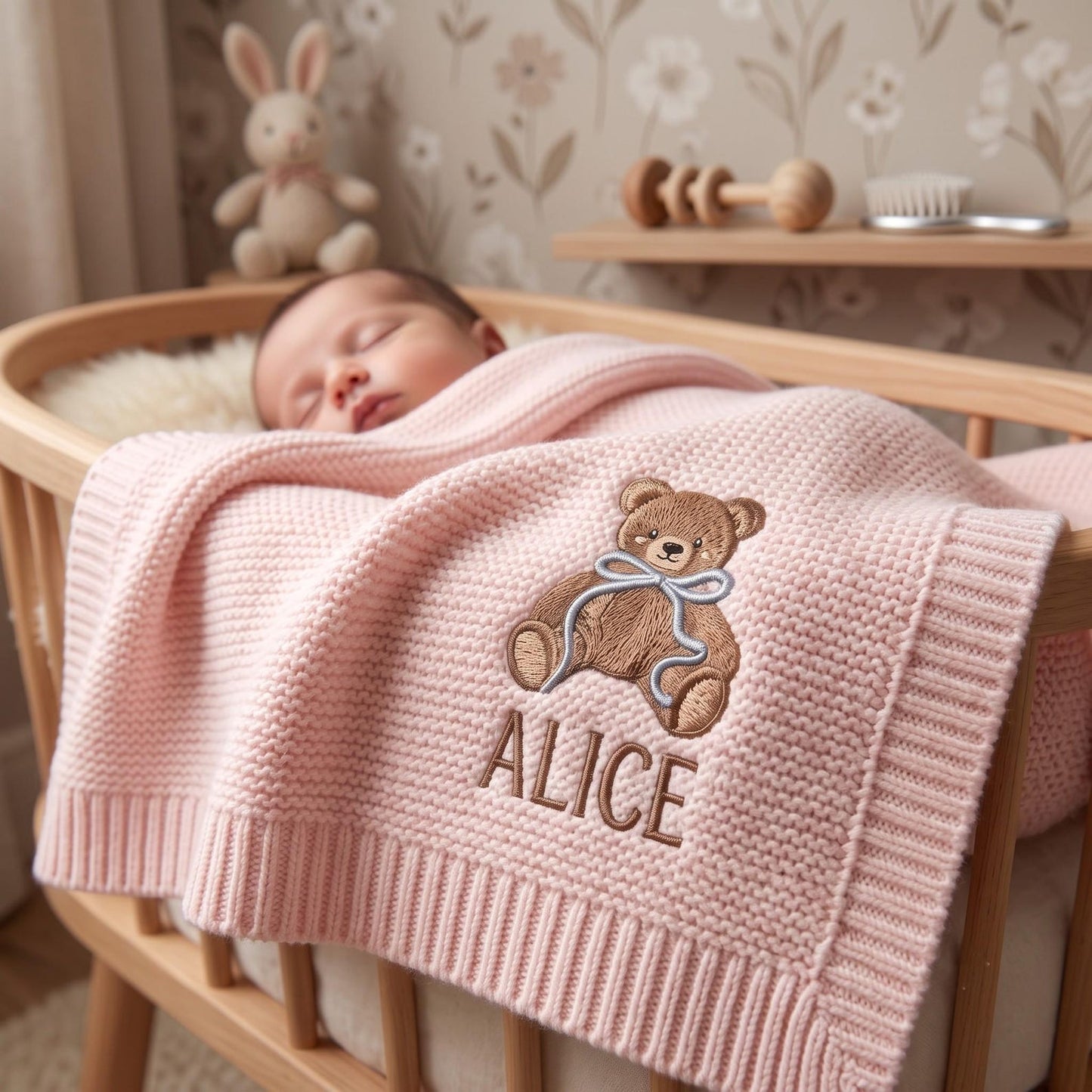 Personalisierte, bestickte Teddybär-Babydecke mit Namen – Individuell gestricktes Geschenk zur Geburt, Geschenk fürs Baby, Erinnerungsstück fürs Kinderzimmer, Geschenk zur Geburt