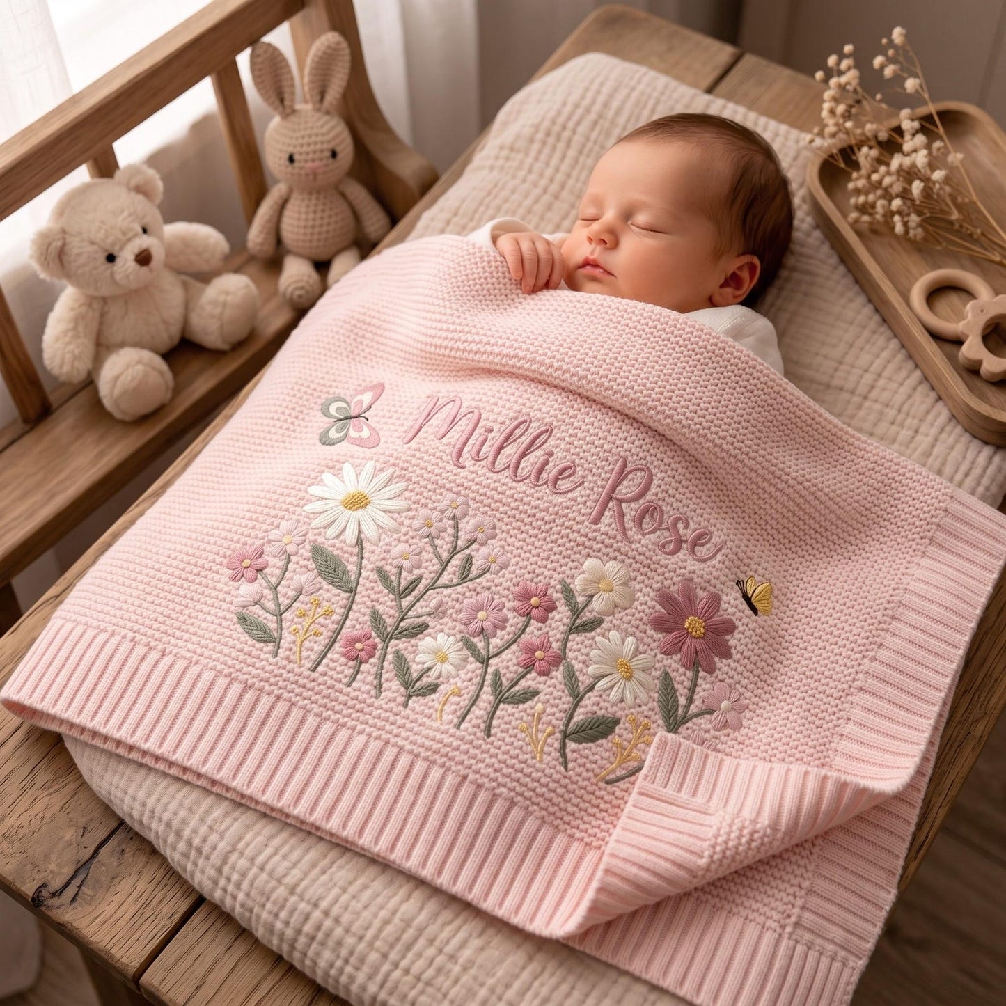 Personalisierte Babydecke mit Blumenstickerei – Strickdecke mit individuellem Namen, Willkommensdecke für Babys, Erinnerungsstück fürs Kinderzimmer, Erinnerungsstück für Neugeborene