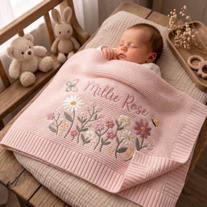 Personalisierte Babydecke mit Blumenstickerei – Strickdecke mit individuellem Namen, Willkommensdecke für Babys, Erinnerungsstück fürs Kinderzimmer, Erinnerungsstück für Neugeborene
