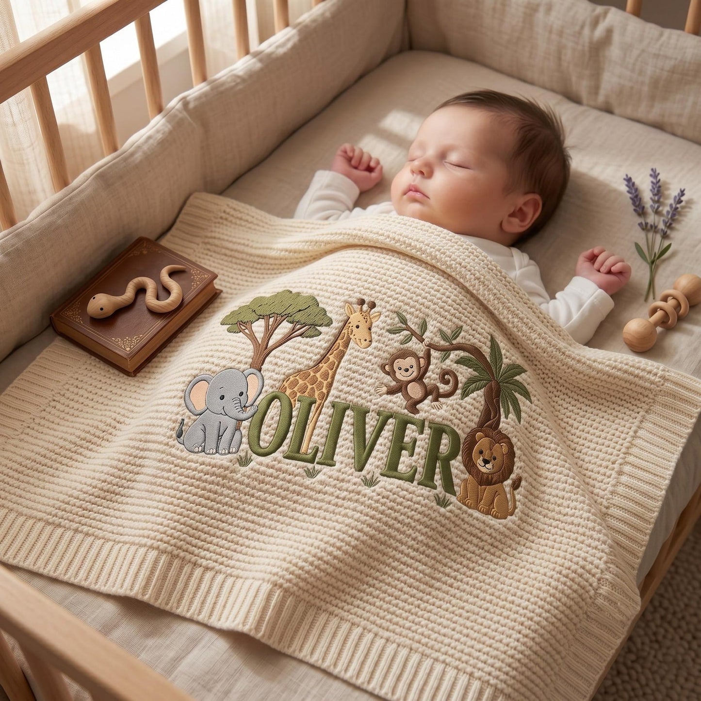 Personalisierte Babydecke mit Löwenstickerei und Namen – Individuell gestaltete Giraffen-Safari-Strickdecke als Geschenk für Neugeborene, Geschenk für Jungen, Willkommensdecke für Babys