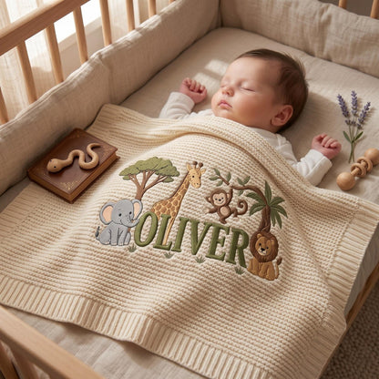 Personalisierte Babydecke mit Löwenstickerei und Namen – Individuell gestaltete Giraffen-Safari-Strickdecke als Geschenk für Neugeborene, Geschenk für Jungen, Willkommensdecke für Babys