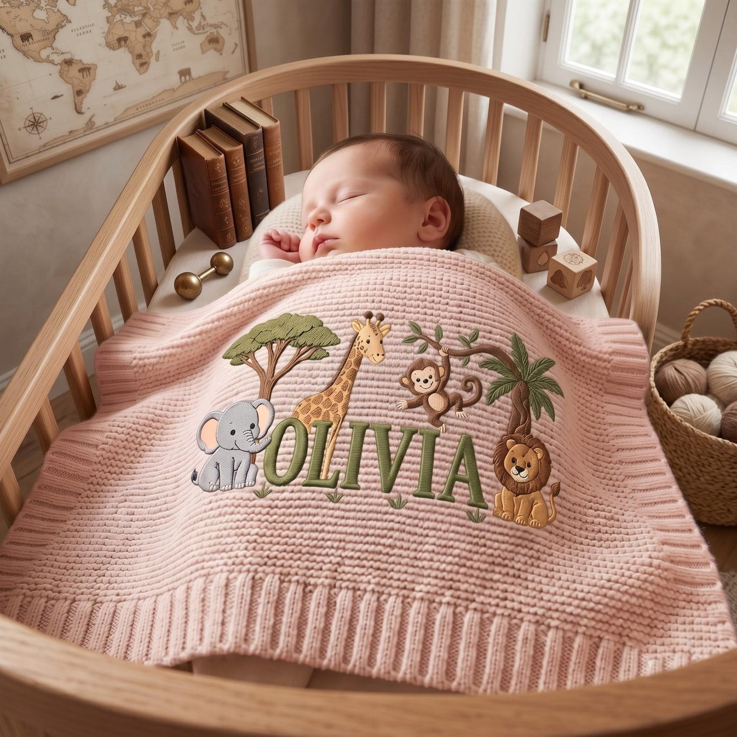 Personalisierte Babydecke mit Löwenstickerei und Namen – Individuell gestaltete Giraffen-Safari-Strickdecke als Geschenk für Neugeborene, Geschenk für Jungen, Willkommensdecke für Babys