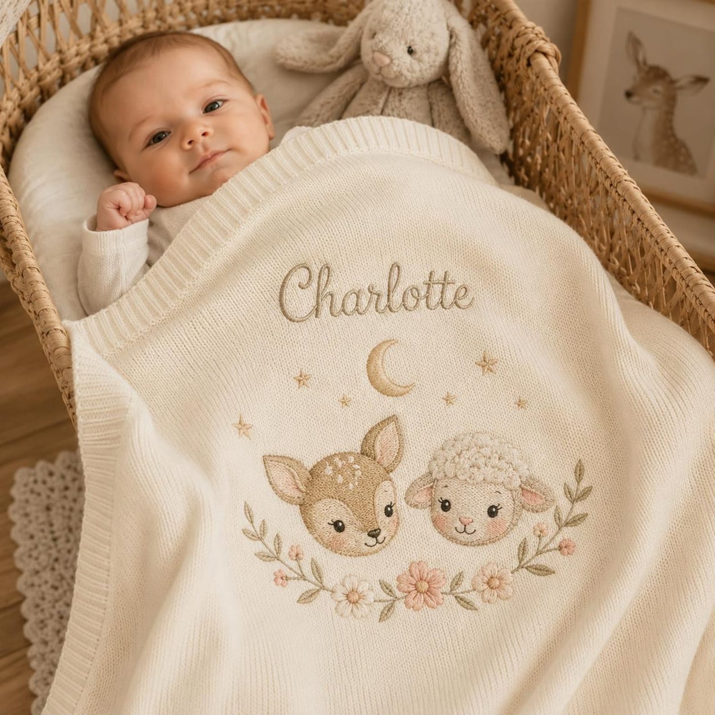 Personalisierte Baby-Strickdecke mit Namen, gesticktes Reh-Lamm-Waldmotiv – Erinnerungsstück fürs Kinderzimmer