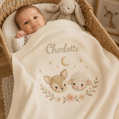 Personalisierte Baby-Strickdecke mit Namen, gesticktes Reh-Lamm-Waldmotiv – Erinnerungsstück fürs Kinderzimmer