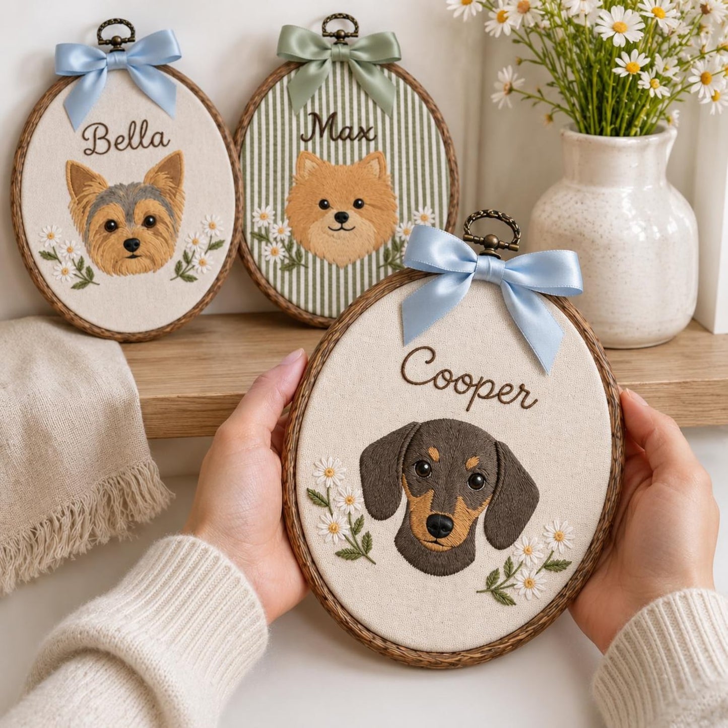 Bestickter, individueller Blumen-Hunde-Stickrahmen, personalisiertes Namensschild für Pomeranian, Yorkshire Terrier und Dackel, Geschenk für Hundeliebhaber, handgefertigtes Geschenk, Einzugsgeschenk