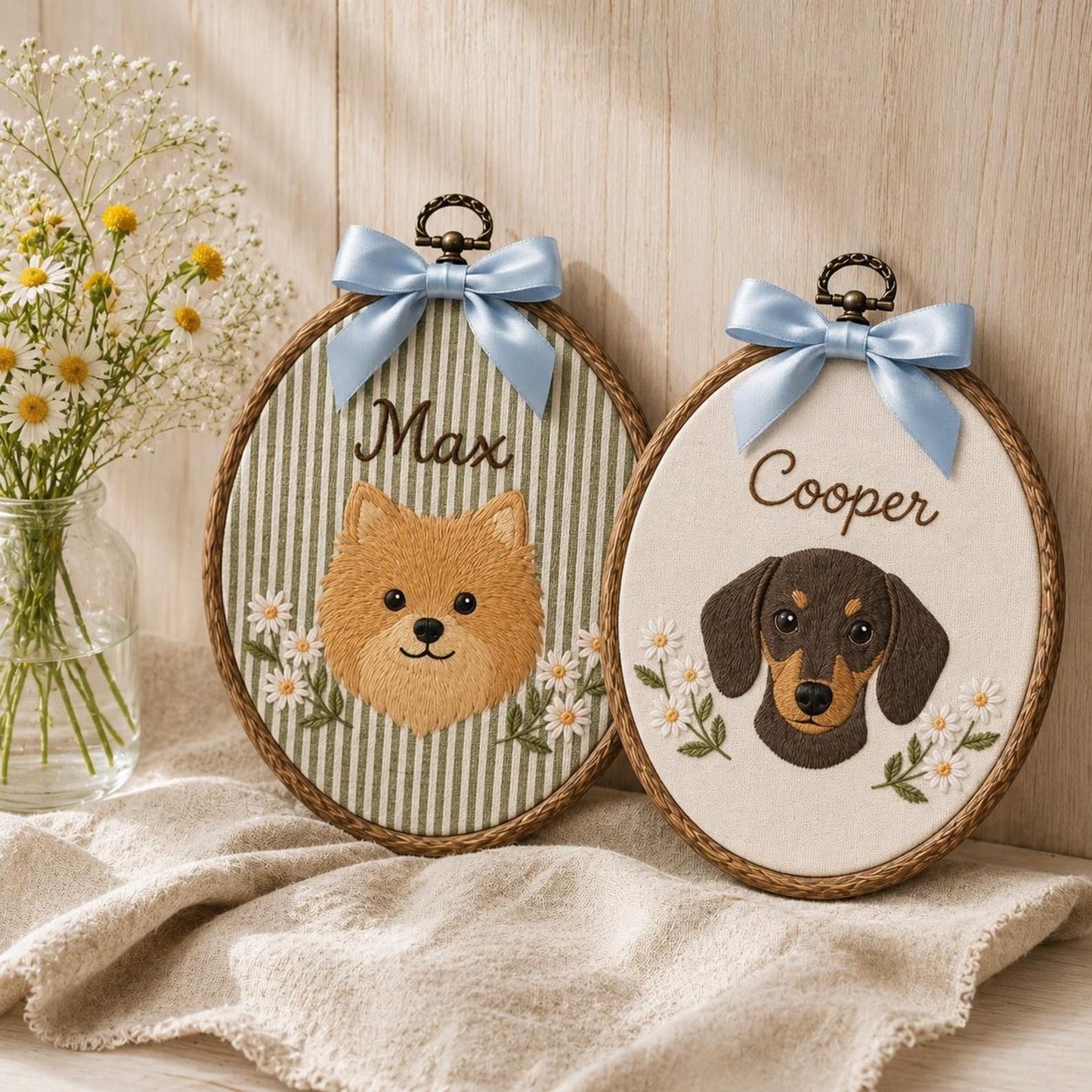 Bestickter, individueller Blumen-Hunde-Stickrahmen, personalisiertes Namensschild für Pomeranian, Yorkshire Terrier und Dackel, Geschenk für Hundeliebhaber, handgefertigtes Geschenk, Einzugsgeschenk