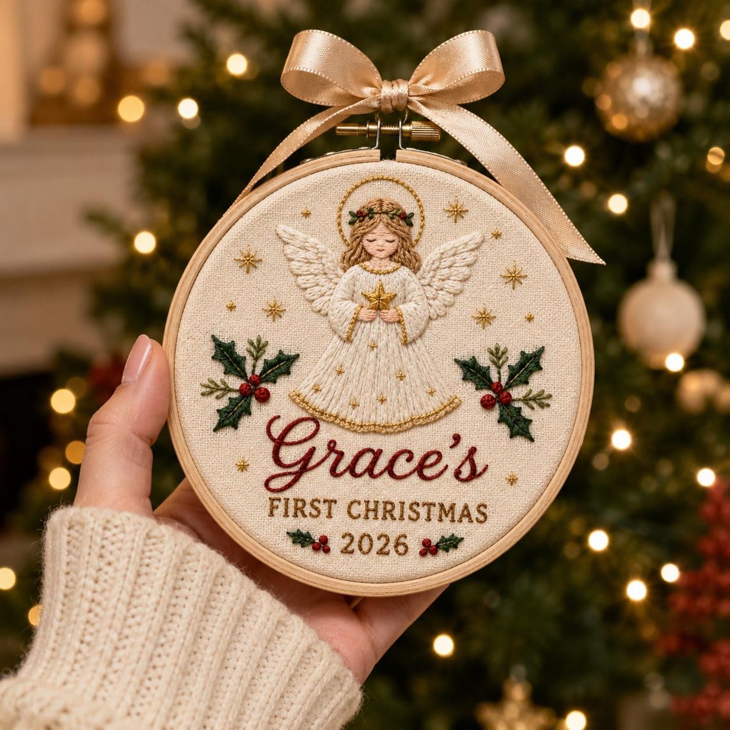 Personalisierter Stickrahmen mit Engel-Anhänger für das erste Weihnachtsfest – Religiöser Heiligenschein, Stechpalme, Gold, Christliches Andenken 2026, Weihnachtsgeschenk