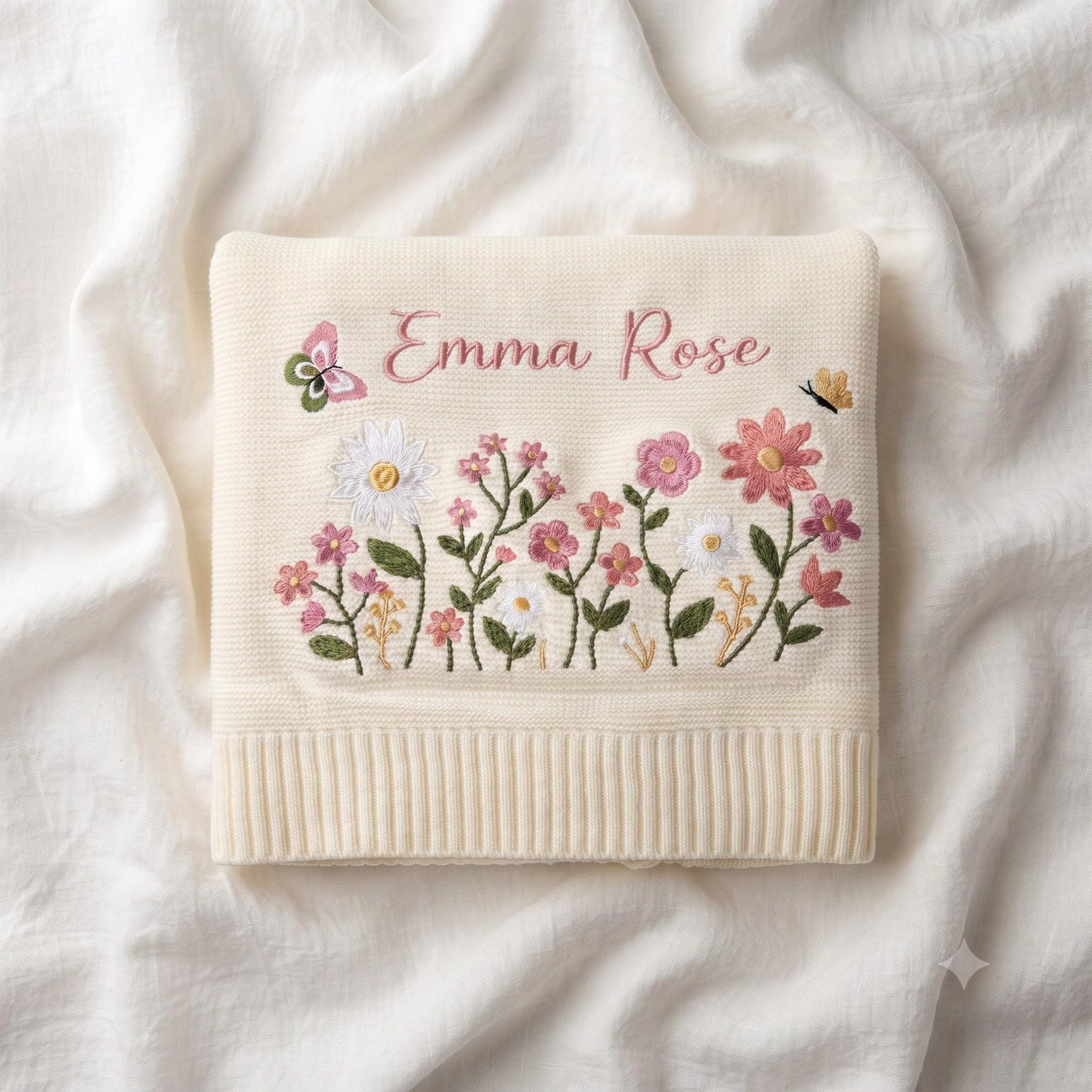 Personalisierte Babydecke mit Blumenstickerei – Strickdecke mit individuellem Namen, Willkommensdecke für Babys, Erinnerungsstück fürs Kinderzimmer, Erinnerungsstück für Neugeborene
